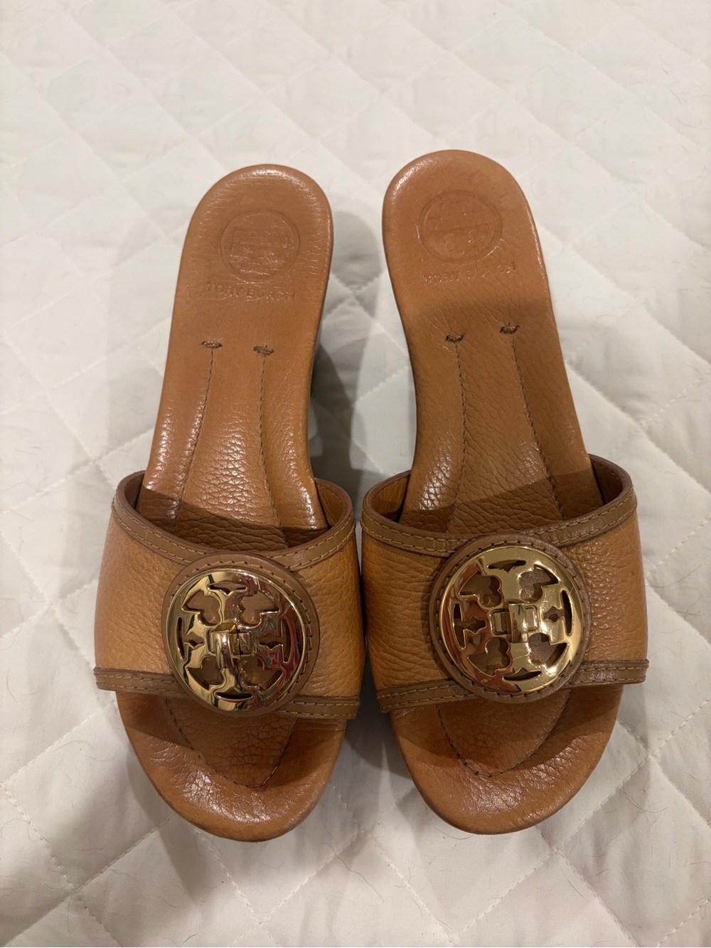 Tory Burch Tan Leather Slide Mules with Gold Logo Medallions